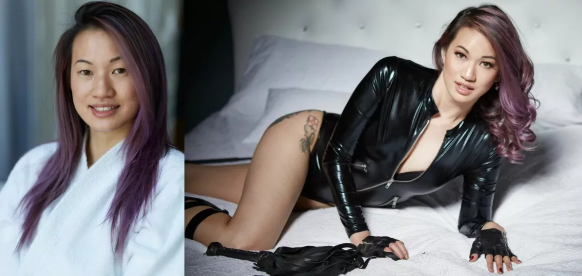 Before and after styling composite image a woman with purple highlights in a white robe on the left followed by the same woman posing on a bed with leather riding gloves, boots and a kangaroo leather flogger on the right – Best Dallas Boudoir Photographer, rich cirminello