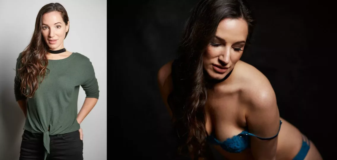 Before and after styling composite a brunette woman in a green t shirt on the left and in a sensual pose on the right – Best Dallas Boudoir Photographer, rich cirminello