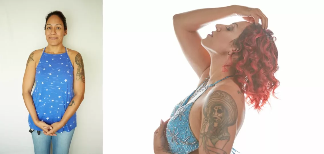 Before and after styling composite image a red haired woman with arm tattoos wearing a comfy apron t shirt on the left followed by a back lit sensual pose in beautiful lingerie on the right – Best Dallas Boudoir Photographer, rich cirminello