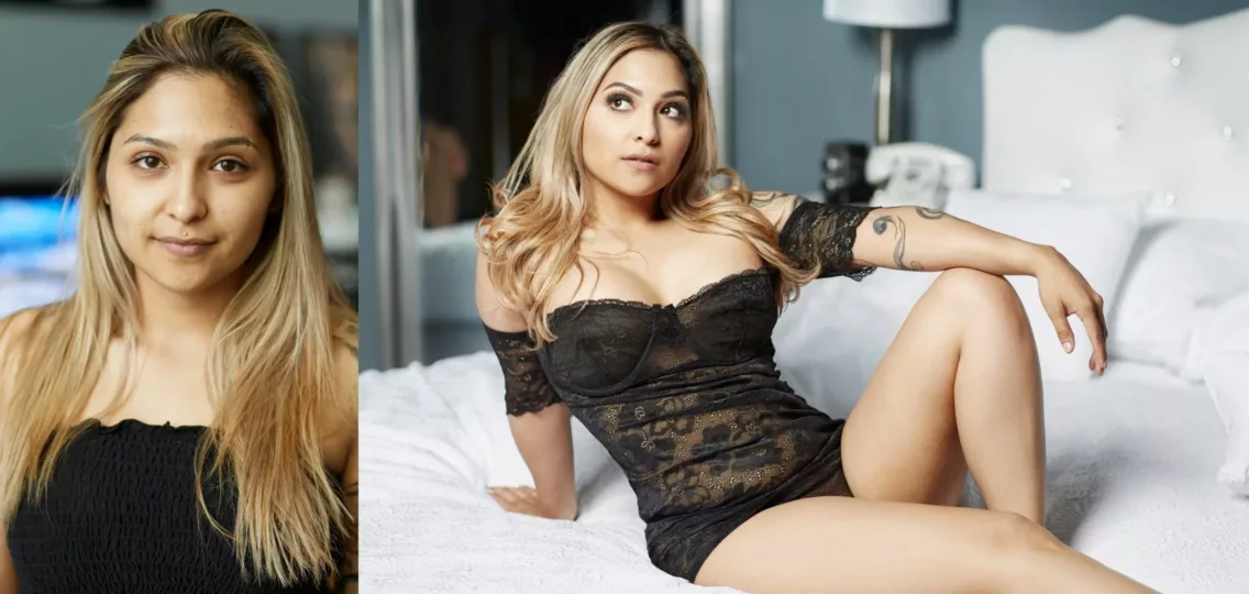 Before and after styling composite image a lovely young mother wearing a black halter top on the left and posing with confidence wearing a sheer black lace body suite on the right – Best Dallas Boudoir Photographer, rich cirminello