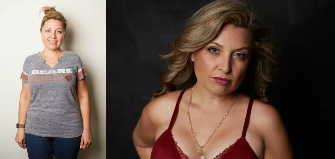 Before and after styling composite image of a lovely blonde woman wearing a Chicago Bears T shirt on the left and gorgeous wine colored bra on the right – Best Dallas Boudoir Photographer, rich cirminello