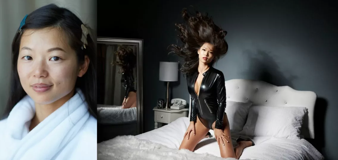 Before and after styling composite image closeup of a young Asian woman in a white robe on the right and the same woman in a leather-look body suit doing the best hair toss ever on the right – Best Dallas Boudoir Photographer, rich cirminello