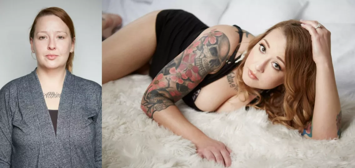 Before and after styling composite image of a pretty young woman with tattoos wearing a grey sweater on the left and a beautiful sexy body suit on the right – Best Dallas Boudoir Photographer, rich cirminello